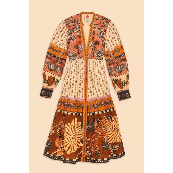 Farm Rio Beige Ainika Floral V Neck Midi Dress Small NEW - Picture 3 of 7